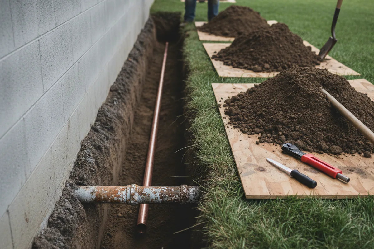 Excavated water line trench during Sewer Line Repair in Christmas